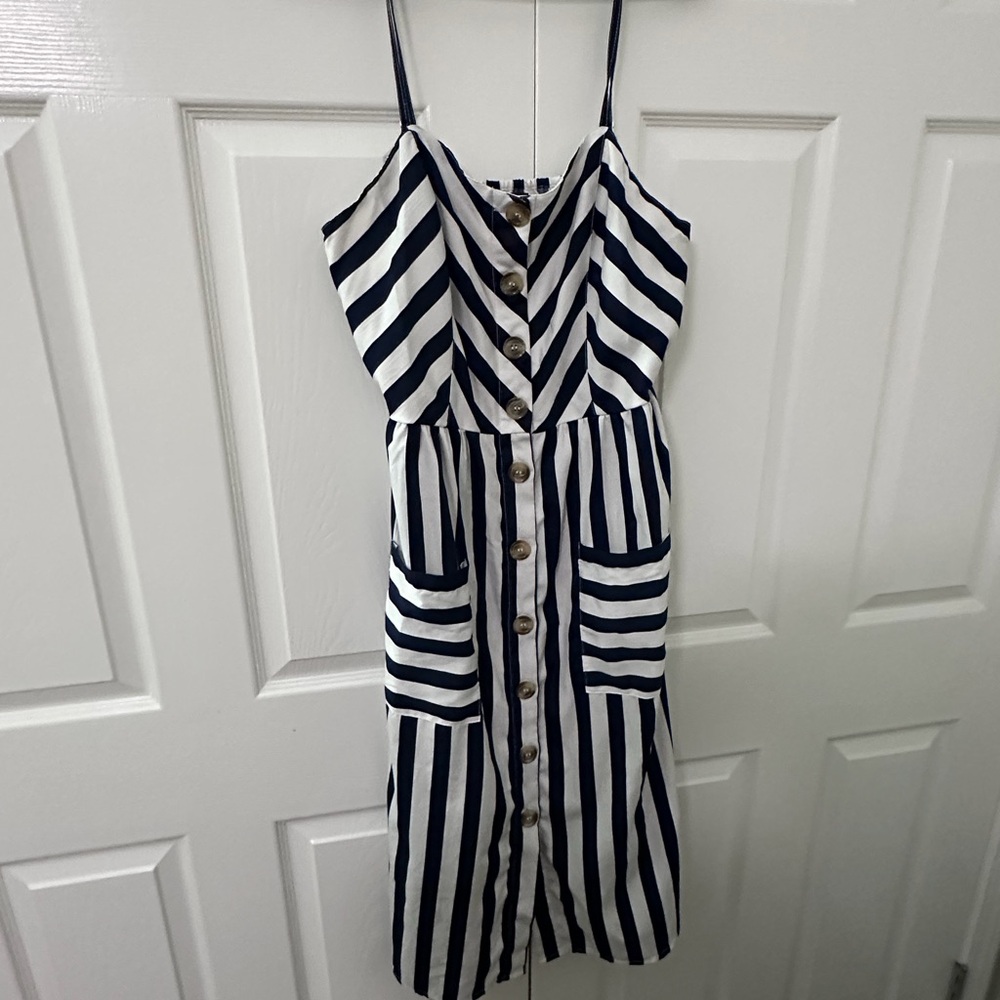 Striped Navy and White Midi Dress with Button Detail